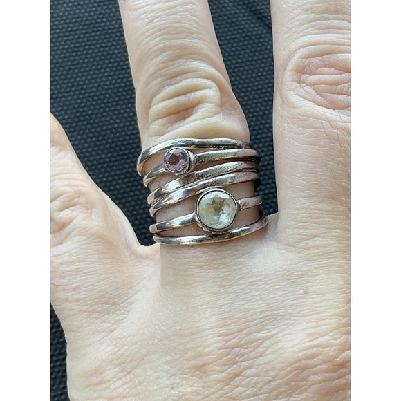 925 Sterling Silver Multi Band Round Gemstone Ring Size 7 Vintage Estate Jewelry - Picture 8 of 8